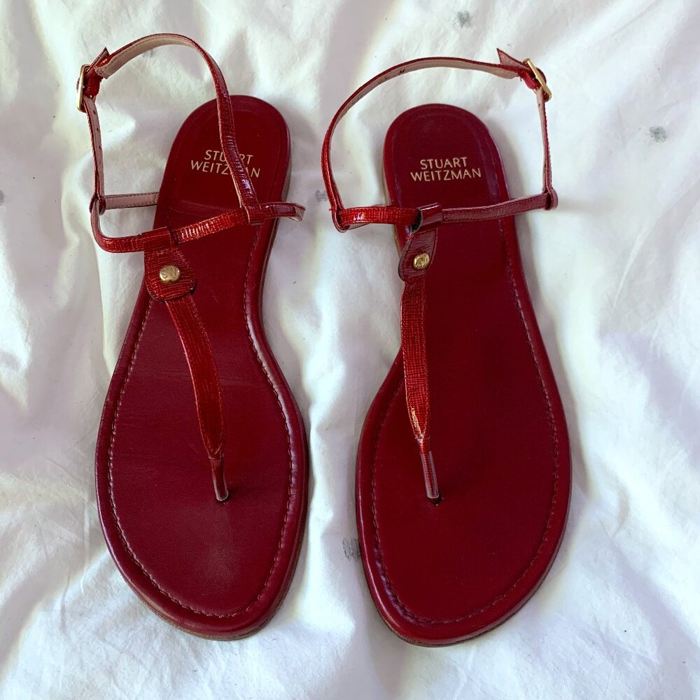 Stuart Weitzman Leather T Strap Thong Sandal Deep Red Size 9.5